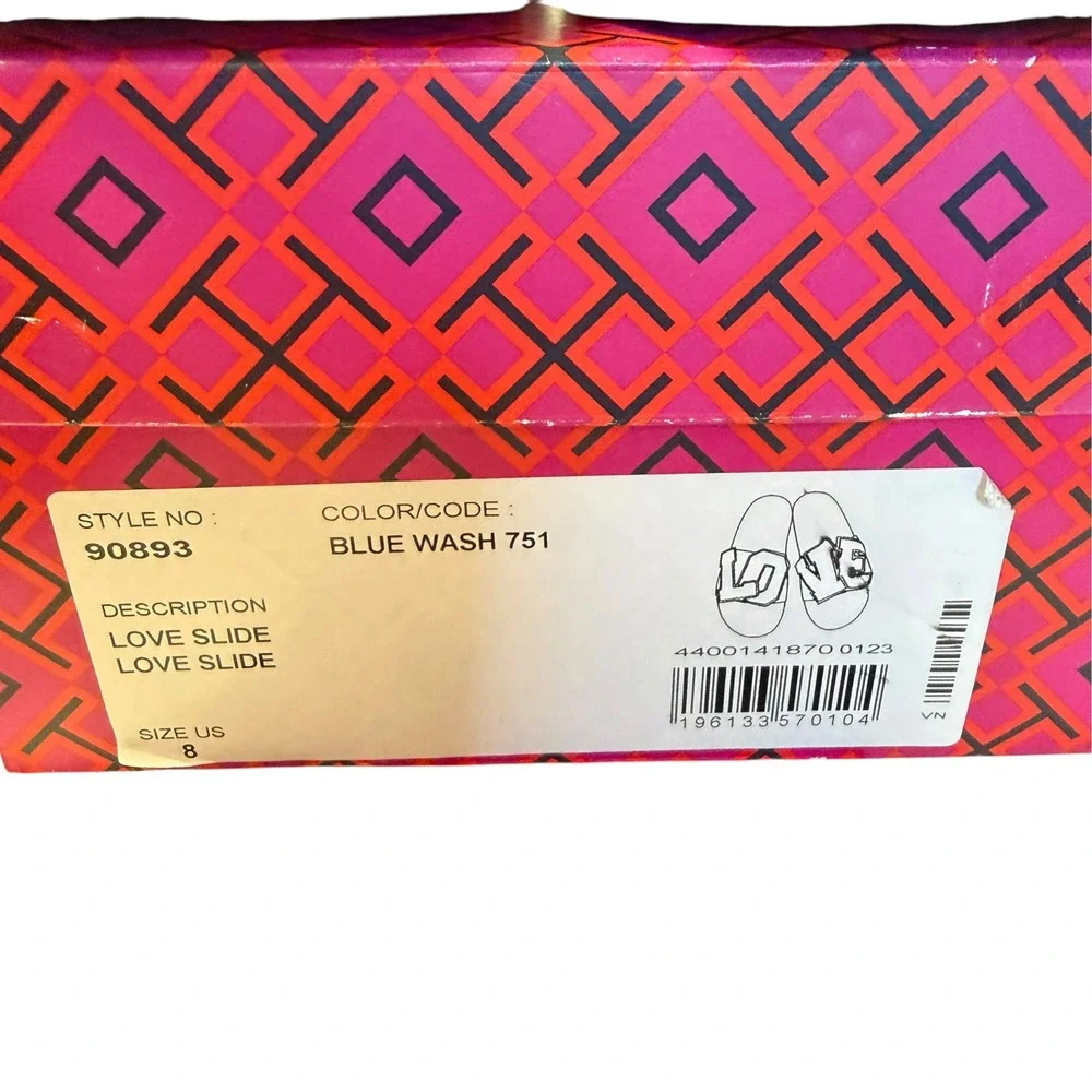 Tory Burch Love Slide Blue Wash Lavender Chenille Patch Platform Sandals  8